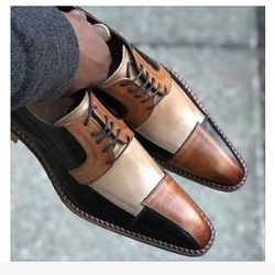 Men's Handmade Three Tone Multi Colors Leather Handmade Lace Up Dress Shoes