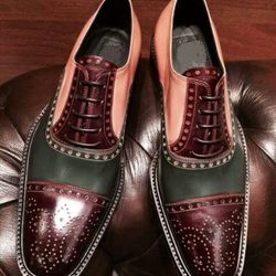 Men's Handmade Three Tone Multi Color Leather Oxford Brogue Toe Cap Lace Up Shoes