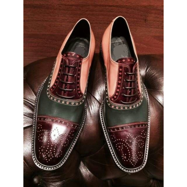 Men's Handmade Three Tone Multi Colors Oxford  Brogue Toe Cap Lace Up Shoes.jpg