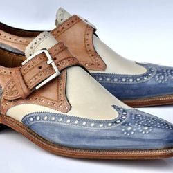 Men's Handmade Three Tone Multi Colors Oxford Brogue Wingtip Single Monk Shoes