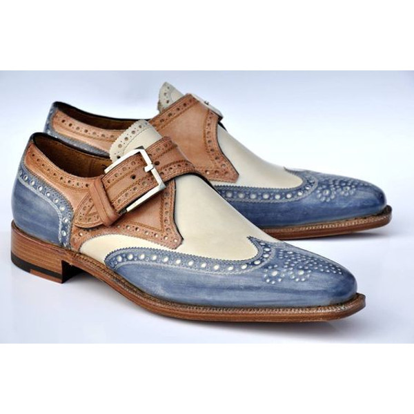Men's Handmade Three Tone Multi Colors Oxford Brogue Wingtip Single Monk Shoes.jpg