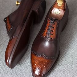Men's Handmade Two Tone Brown & Tan Leather Oxford Brogue Toe Cap Dress Shoes