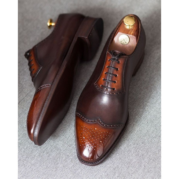 Men's Handmade Two Tone Brown & Tan Leather Oxford Brogue Toe Cap Dress Shoes.jpg