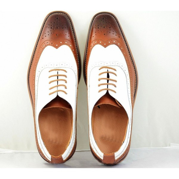 Men's Handmade Two Tone Brown & White Oxford Brogue Wingtip Lace Up Shoes.jpg