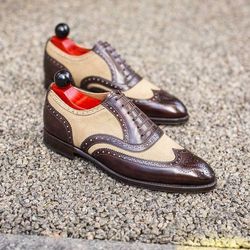 Men's Handmade Two Tone Brown Leather & Beige Oxford Brogue Wingtip Lace Up Shoes