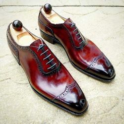 Men's Handmade Two Tone Maroon Leather Oxford Brogue Toe Cap Lace Up Shoes