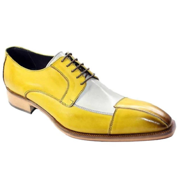 Men's Handmade Two Tone White & Yellow Leather Lace Up Derby Shoes.png