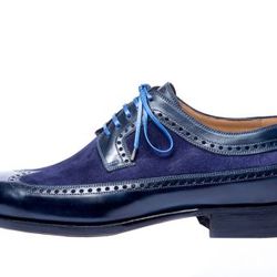 Men's Handmade Two Tone Navy Blue Leather & Suede Oxford Brogue Wingtip Lace Up Derby Dress Shoes