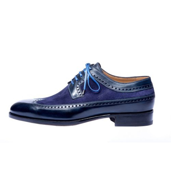 Men's Handmade Two Tone Navy Blue Leather & Suede Oxford Brogue Wingtip Lace Up Derby Dress Shoes.jpg
