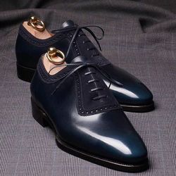 Men's Handmade Two Tone Navy Blue Patina Leather & Suede Lace Up Dress SHoes
