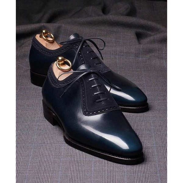 Men's Handmade Two Tone Navy Blue Patina Leather & Suede Lace Up Dress SHoes.jpg