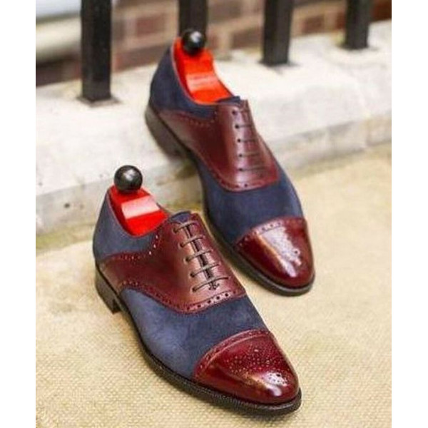 Men's Handmade Two Tone Navy Blue Suede & Brown Leather Oxford Brogue Toe Cap Lace Up Dress Shoes.jpg