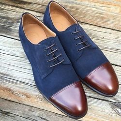 Men's Handmade Two Tone Navy Blue Suede & Brown Leather Oxford Toe Cap Lace Up Derby Formal Shoes