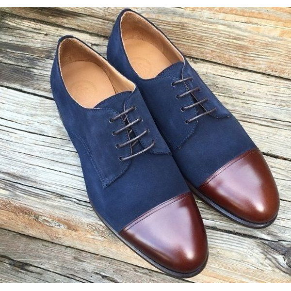 Men's Handmade Two Tone Navy Blue Suede & Brown Leather Oxford Toe Cap Lace Up Derby Formal Shoes.jpg