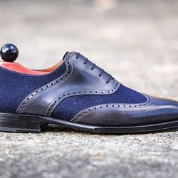 Men's Handmade Two Tone Navy Blue Suede & Leather Oxford Brogue Wingtip Lace Up Formal Shoes
