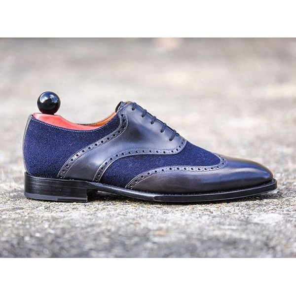 Men's Handmade Two Tone Navy Blue Suede & Leather Oxford Brogue Wingtip Lace Up Formal Shoes.jpg