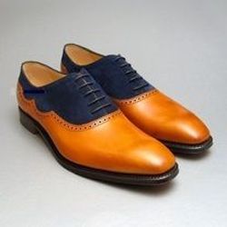 Men's Handmade Two Tone Navy Blue Suede & Tan Leather Oxford Brogue Lace Up Shoes