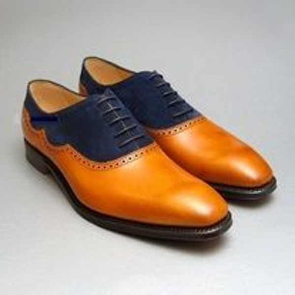 Men's Handmade Two Tone Navy Blue Suede & Tan Leather Oxford Brogue Lace Up Shoes.jpg