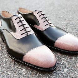 Men's Handmade Two Tone Pink & Black Leather Oxford Toe Cap Lace Up Dress Shoes