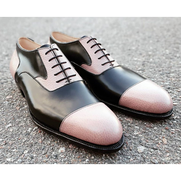Men's Handmade Two Tone Pink & Black Leather Oxford Toe Cap Lace Up Dress Shoes.jpg