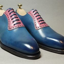 Men's Handmade Two Tone Pink & Blue Leather Oxford Brogue Lace Up Formal Shoes