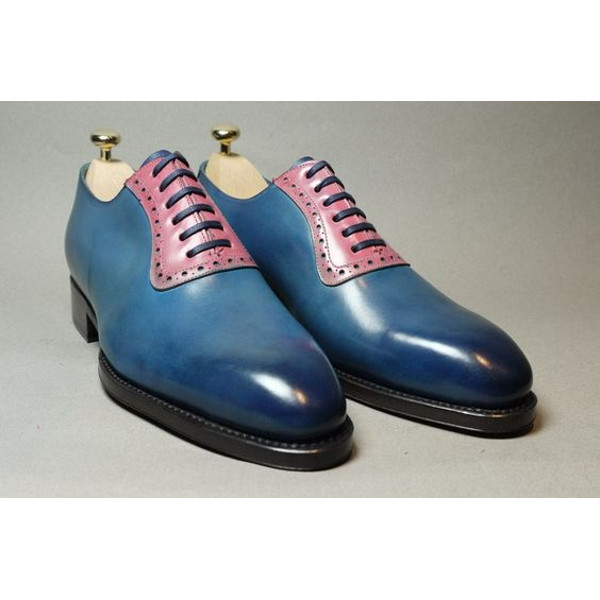 Men's Handmade Two Tone Pink & Blue Leather Oxford Brogue Lace Up Formal Shoes.jpg