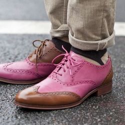Men's Handmade Two Tone Pink & Brown Leather Oxford Brogue Wing Tip Lace Up Formal Shoes