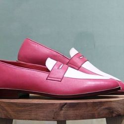 Men's Handmade Two Tone Pink & White Leather Classic Formal Loafers