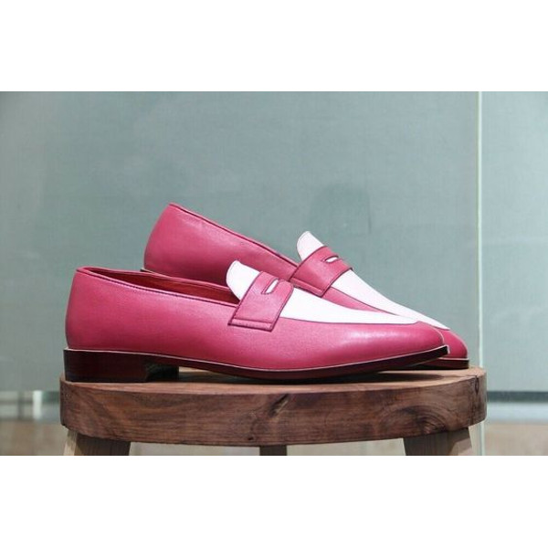 Men's Handmade Two Tone Pink & White Leather Classic Formal Loafers.jpg