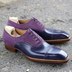 Men's Handmade Two Tone Purple Suede & Navy Blue Leather Oxford Brogue Toe Cap Lace Up Shoes