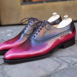 Men's Handmade Two Tone Red & Black Patina Leather Oxford Brogue Lace Up Fromal Shoes