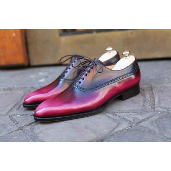 Men's Handmade Two Tone Red & Black Patina Leather Oxford Brogue Lace Up Fromal Shoes.jpg