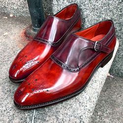 Men's Handmade Two Tone Red & Burgundy Patina Leather Oxford Brogue Single Buckle Monk Strap Dress Shoes