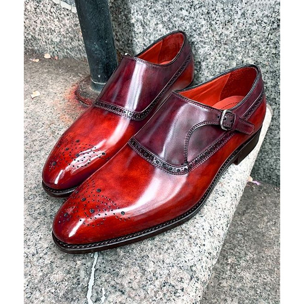 Men's Handmade Two Tone Red & Burgundy Patina Leather Oxford Brogue Single Buckle Monk Strap Dress Shoes.jpg