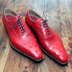 Men's Handmade Two Tone Red Leather & Ostrich Leather Oxford Toe Cap Lace Up Formal Shoes