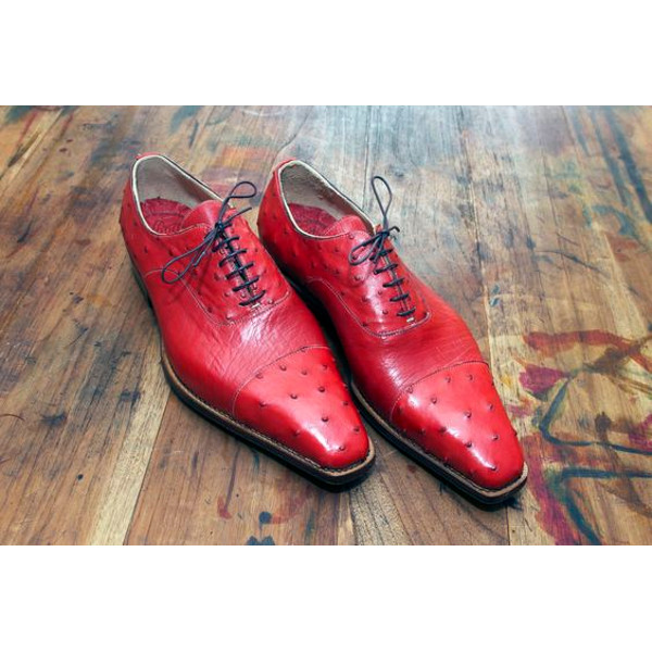 Men's Handmade Two Tone Red Leather & Ostrich Leather Oxford Toe Cap Lace Up Formal Shoes.jpg