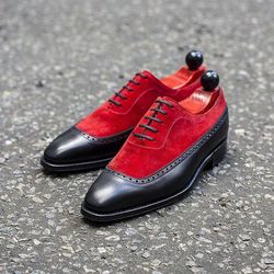 Men's Handmade Two Tone Red Suede & Black Leather Oxford Brogue Lace Up Dress Shoes