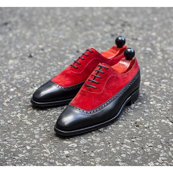 Men's Handmade Two Tone Red Suede & Black Leather Oxford Brogue Lace Up Dress Shoes.jpg