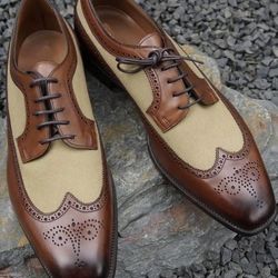 Men's Handmade two tone shoes Men wing tip brogue shoes