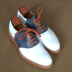 Men's Handmade two tone shoes, blue and white moccasin shoes, dress shoes for men