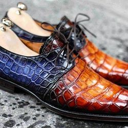 Men's Handmade Two Tone Tan & Blue Patina Crocodile Print Leather Lace Up Derby Formal Shoes