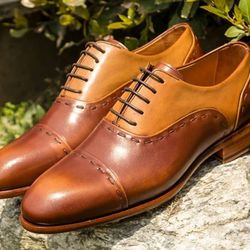 Men's Handmade Two Tone Tan & Brown Leather Oxford Toe Cap Lace Up Dress Shoes