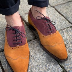 Men's Handmade Two Tone Tan & Burgundy Suede Oxford Brogue Lace Up Dress Shoes
