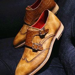 Men's Handmade Two Tone Tan Leather & Brown Crocodile Print Leather Wingtip Double Buckles Monk Straps Shoes