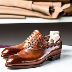 Men's Handmade Two Tone Tan Leather & Crocodile Print Leather Oxford Brogue Lace Up Shoes