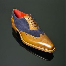Men's Handmade Two Tone Tan Leather & Suede Oxford Brogue Wingtip Lace Up Dress Shoes