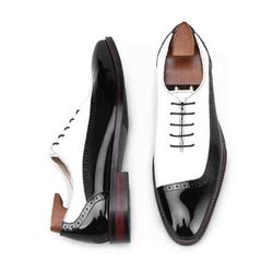 Men's Handmade Two Tone White & Black Leather Oxford Brogue Lace Up Dress Sheos