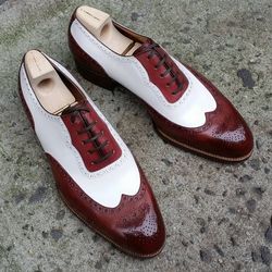 Men's Handmade Two Tone White & Maroon Leather Oxford Brogue Wingtip Lace Up Dress Shoes