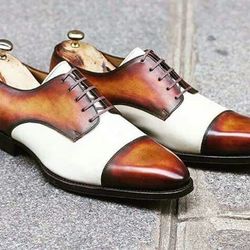 Men's Handmade Two Tone White & Tan Patina Leather Oxford Toe Cap Lace Up Dress Derby Shoes