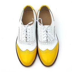 Men's Handmade Two Tone Yellow & White Leather Oxford WIng Tip Lac e Up Formal Shoes